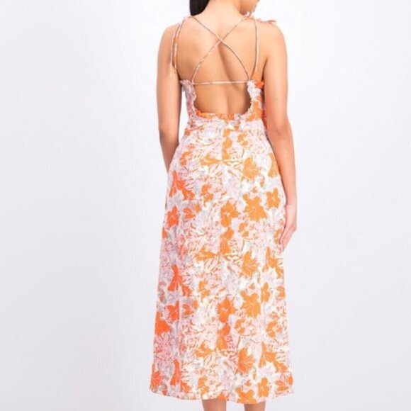 Free People Dress 8 NWOT Beach Party Shoulder Midi Linen Orange Floral Summer - Picture 10 of 12